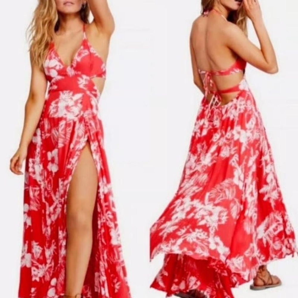Free People Extratropical Maxi Dress Red Tropical Floral Cutout Size Large